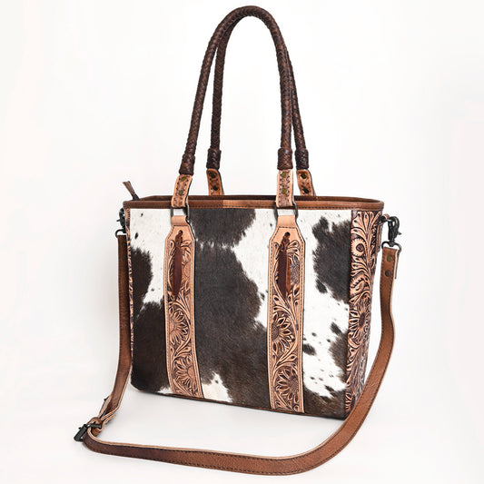 ADBGH101 Genuine Leather Western Tote Bag - Hair-On Hide with Hand-Tooled Floral Straps