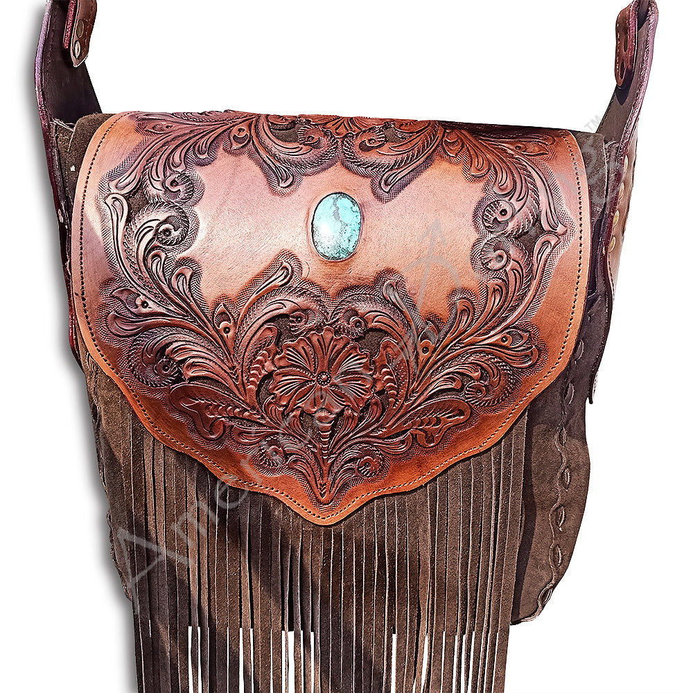 ADBGH102 Fringe Western Leather Tote - Tooled Flap with Turquoise Inlay & Genuine suede Body