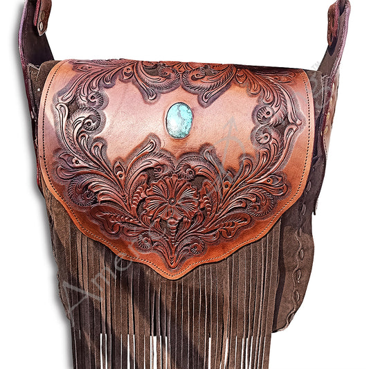 ADBGH102 Fringe Western Leather Tote - Tooled Flap with Turquoise Inlay & Genuine suede Body