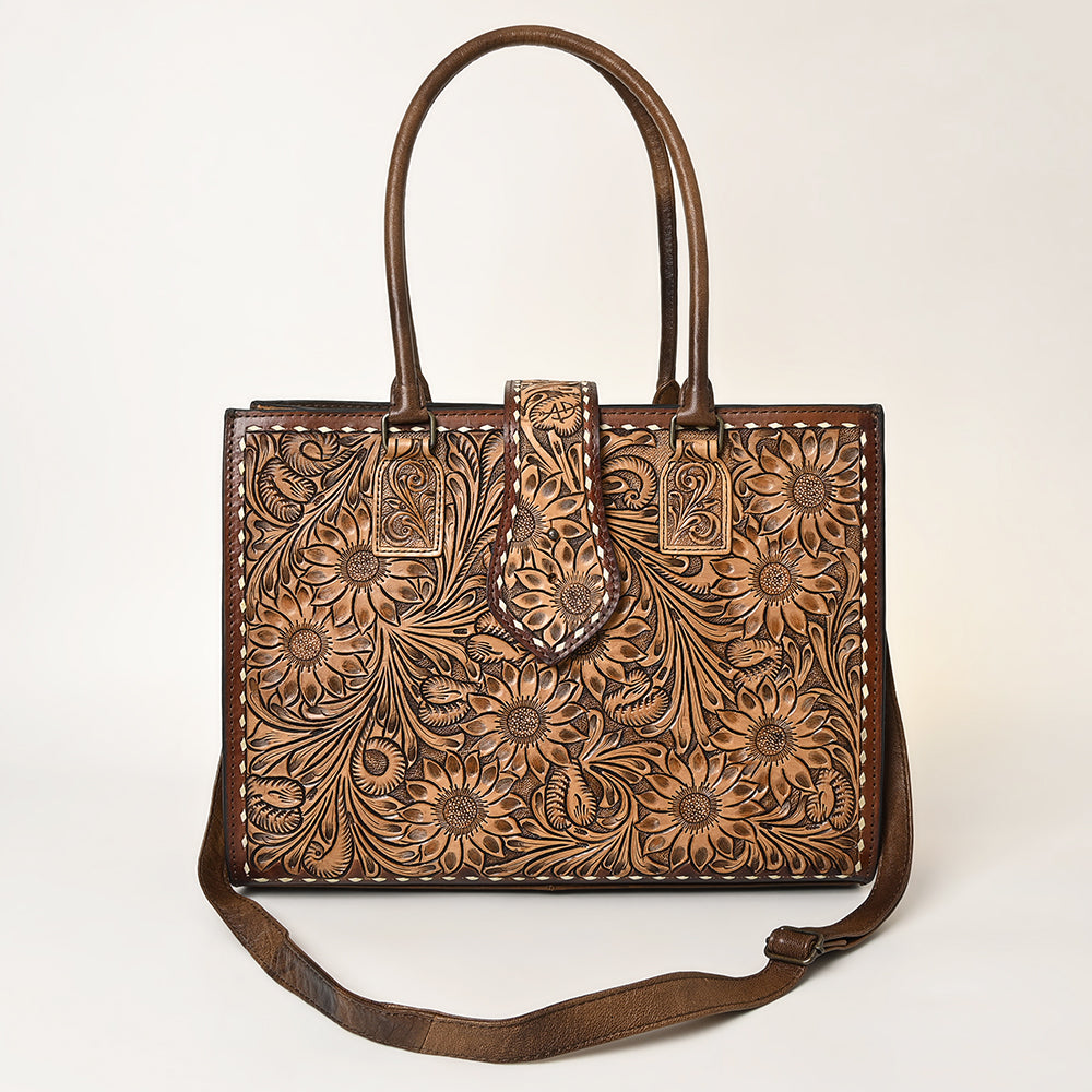 ADBGH104 Tooled Leather Western Tote Bag - Sunflower Floral Handbag with Shoulder Strap