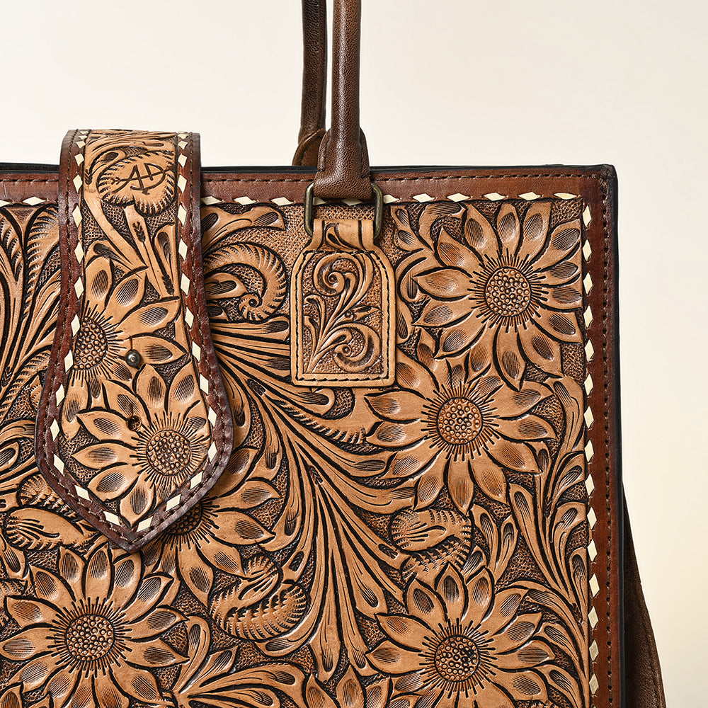 ADBGH104 Tooled Leather Western Tote Bag - Sunflower Floral Handbag with Shoulder Strap