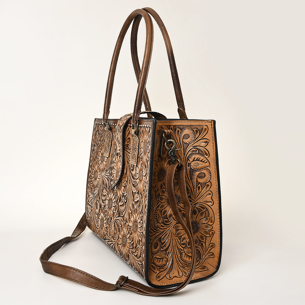 ADBGH104 Tooled Leather Western Tote Bag - Sunflower Floral Handbag with Shoulder Strap