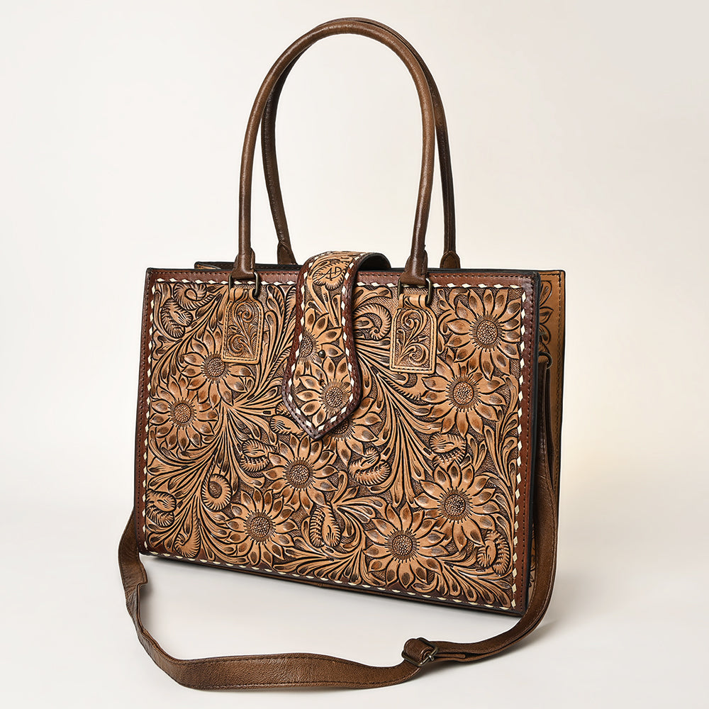 ADBGH104 Tooled Leather Western Tote Bag - Sunflower Floral Handbag with Shoulder Strap