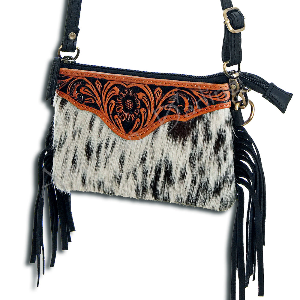 ADBG404 Cowhide Crossbody Bag with Tooled Leather Floral Yoke & Fringe