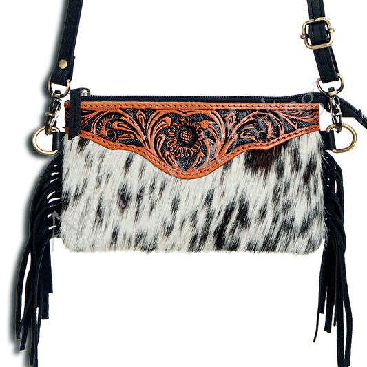 ADBG404 Cowhide Crossbody Bag with Tooled Leather Floral Yoke & Fringe