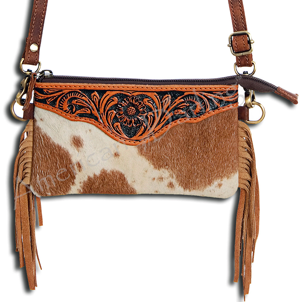 ADBG404 Cowhide Crossbody Bag with Tooled Leather Floral Yoke & Fringe