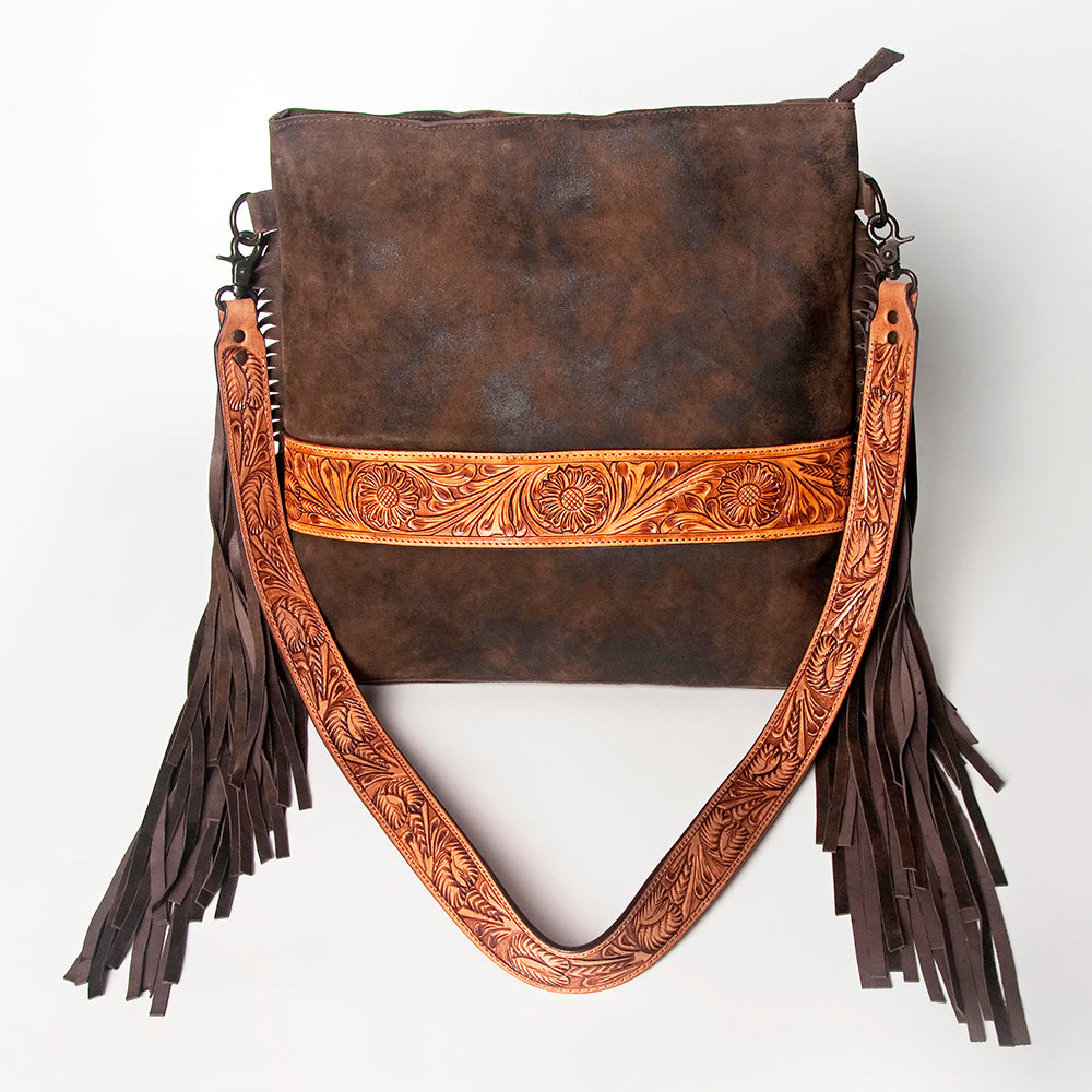 LC-ADBGZ112 Brown Leather Crossbody Bag with Floral Tooled Strap & Fringe