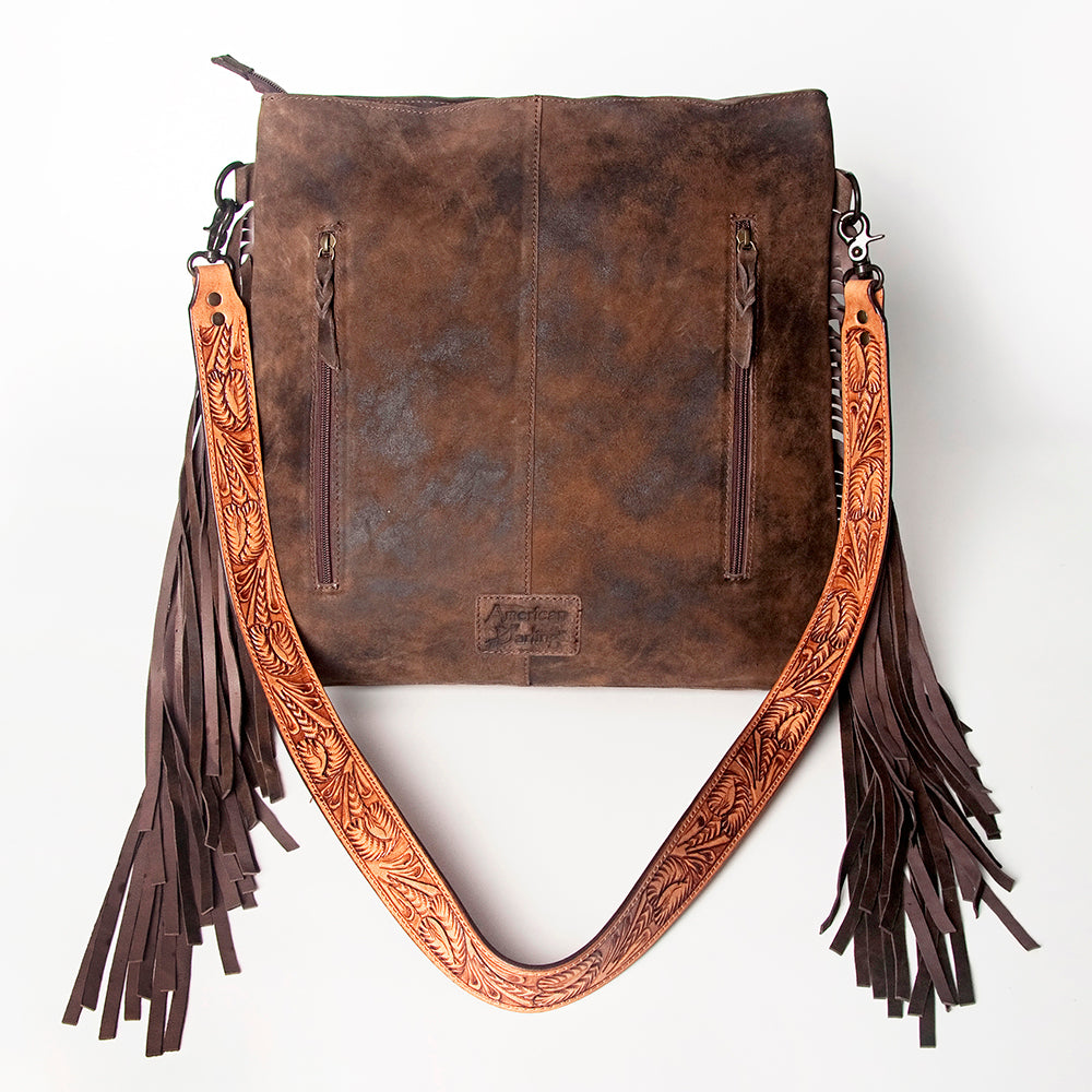 LC-ADBGZ112 Brown Leather Crossbody Bag with Floral Tooled Strap & Fringe
