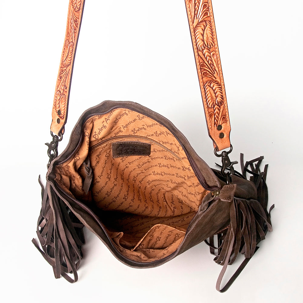 LC-ADBGZ112 Brown Leather Crossbody Bag with Floral Tooled Strap & Fringe