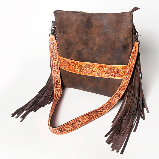 LC-ADBGZ112 Brown Leather Crossbody Bag with Floral Tooled Strap & Fringe