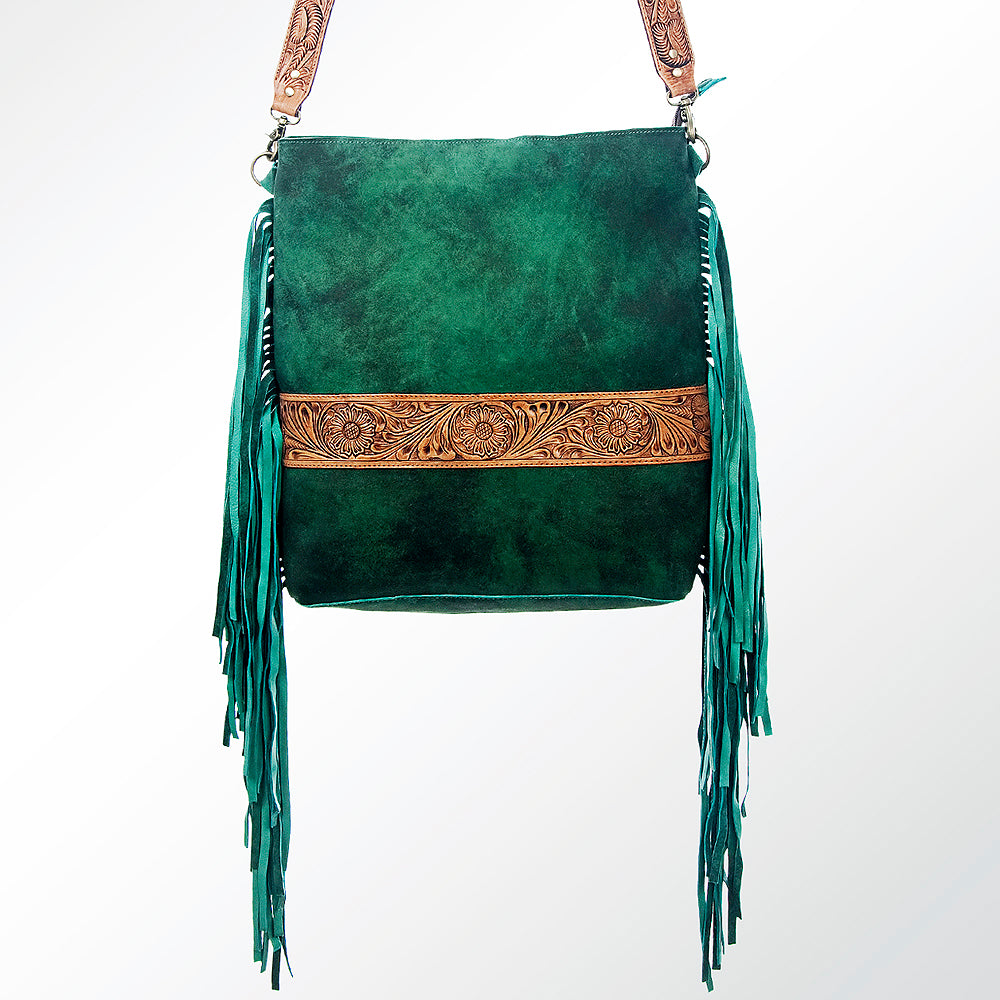 LC-ADBGZ121 Green Genuine suede Fringe Crossbody Bag with Tooled Leather Strap