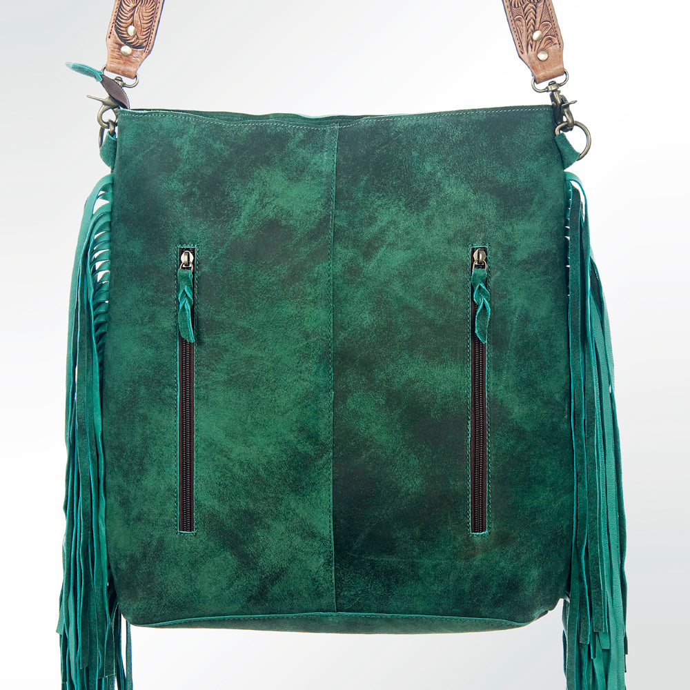 LC-ADBGZ121 Green Genuine suede Fringe Crossbody Bag with Tooled Leather Strap