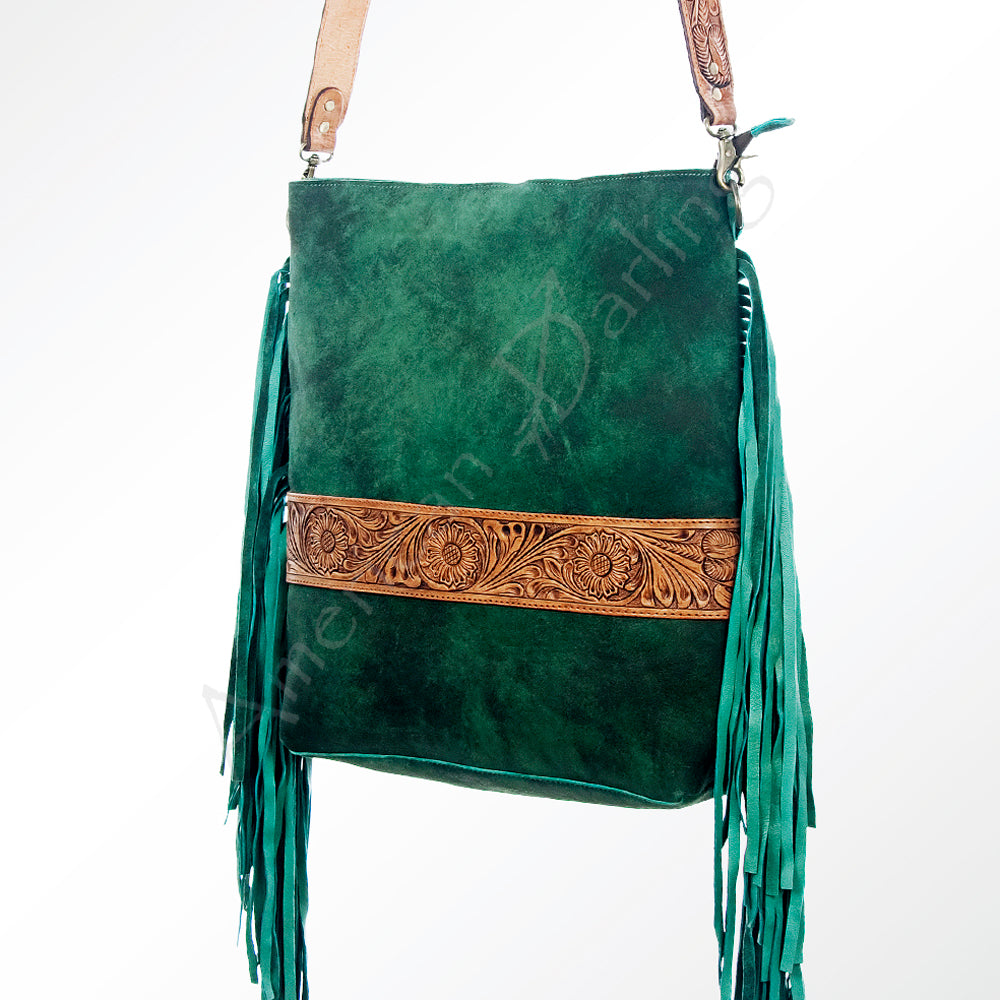 LC-ADBGZ121 Green Genuine suede Fringe Crossbody Bag with Tooled Leather Strap