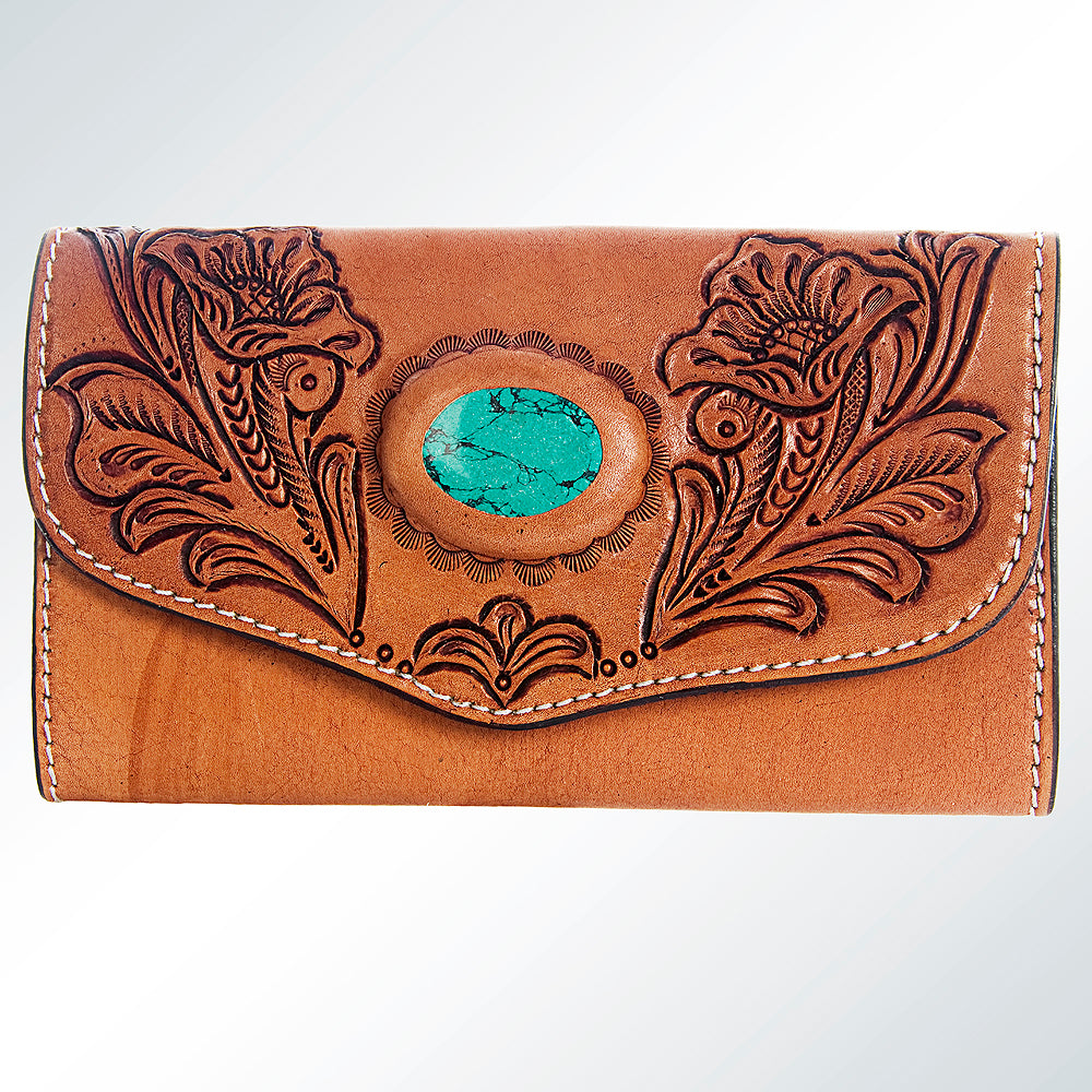 ADBGH105 Tooled Leather Western Wallet - Turquoise Stone Inlay & Floral Design