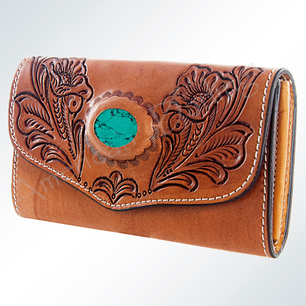 ADBGH105 Tooled Leather Western Wallet - Turquoise Stone Inlay & Floral Design