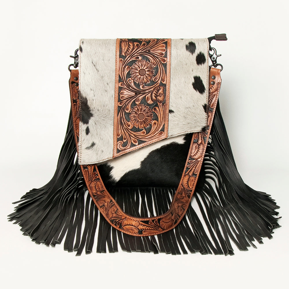 ADBGZ124 Cowhide Messenger Bag with Fringe and Tooled Leather Flap