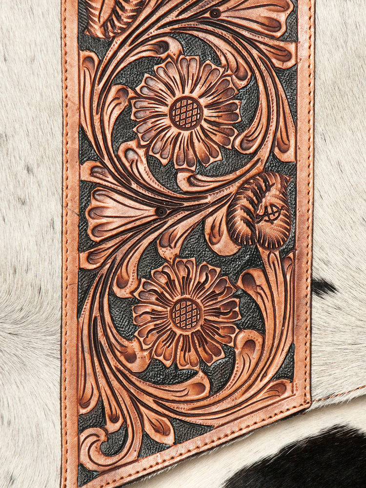 ADBGZ124 Cowhide Messenger Bag with Fringe and Tooled Leather Flap