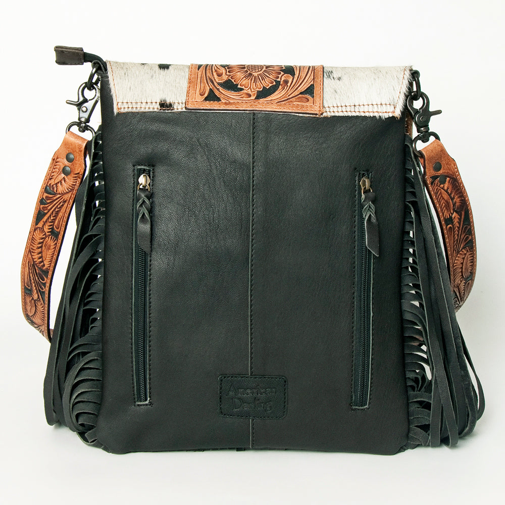 ADBGZ124 Cowhide Messenger Bag with Fringe and Tooled Leather Flap