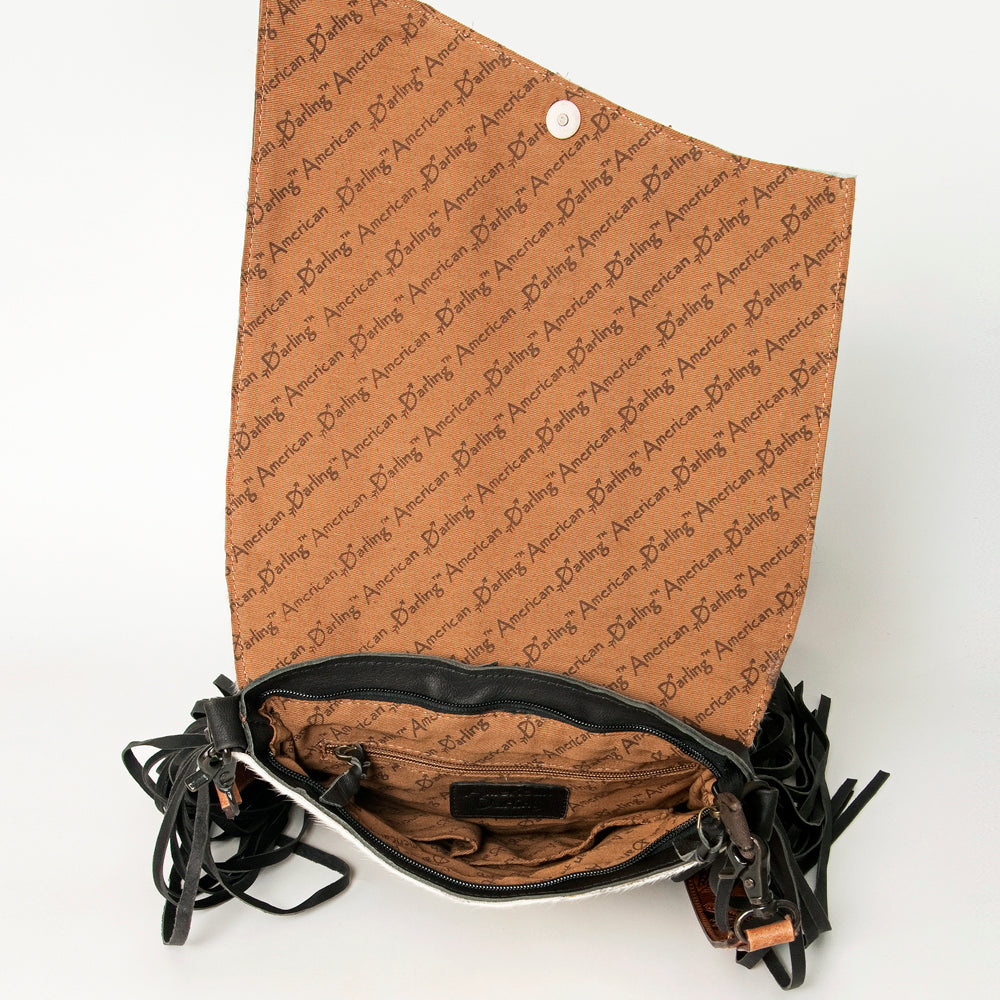 ADBGZ124 Cowhide Messenger Bag with Fringe and Tooled Leather Flap