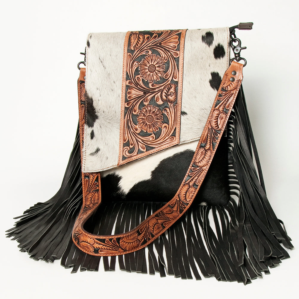 ADBGZ124 Cowhide Messenger Bag with Fringe and Tooled Leather Flap