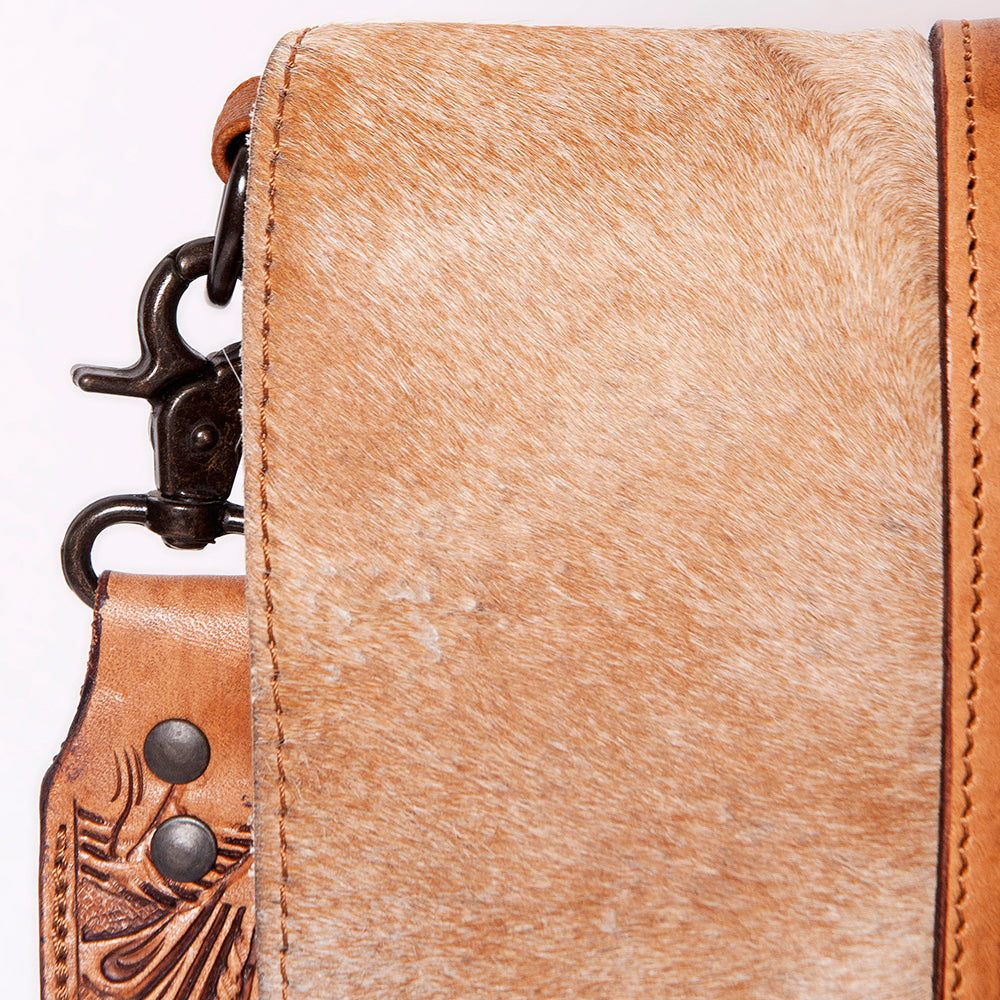 ADBGZ124 Cowhide Messenger Bag with Fringe and Tooled Leather Flap