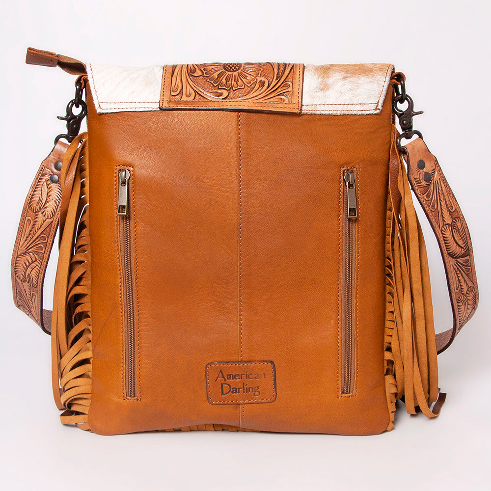 ADBGZ124 Cowhide Messenger Bag with Fringe and Tooled Leather Flap