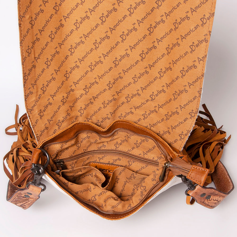 ADBGZ124 Cowhide Messenger Bag with Fringe and Tooled Leather Flap