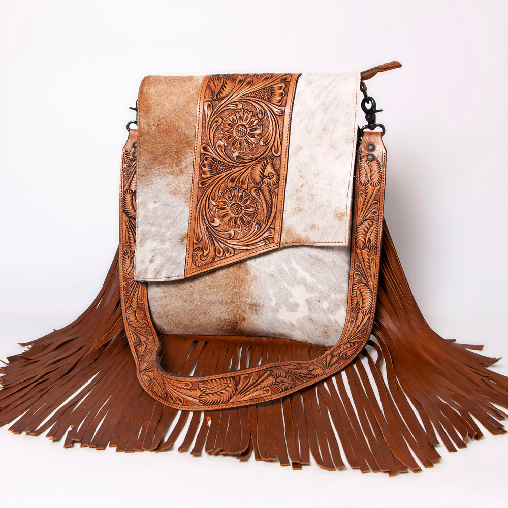 ADBGZ124 Cowhide Messenger Bag with Fringe and Tooled Leather Flap