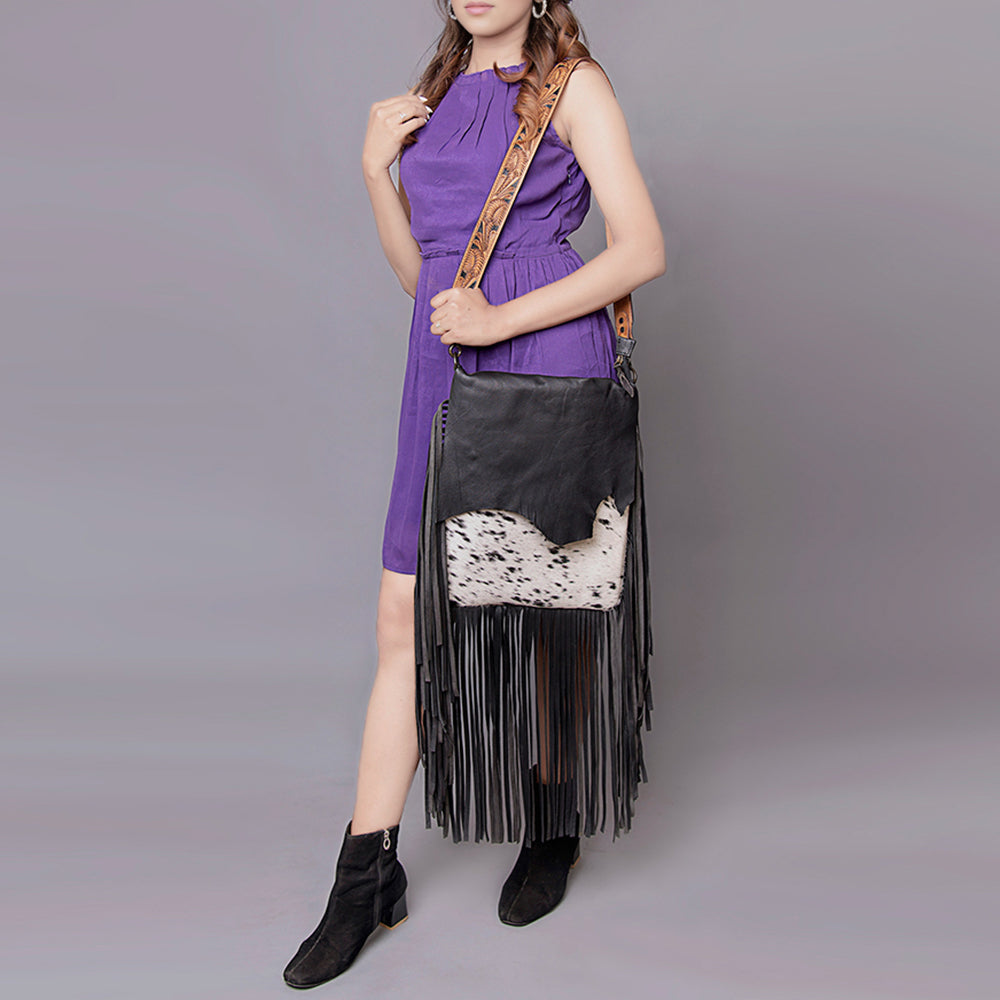 LC-ADBGZ137BKW Black & White Cowhide Messenger Bag with Raw Edge Flap and Tooled Strap