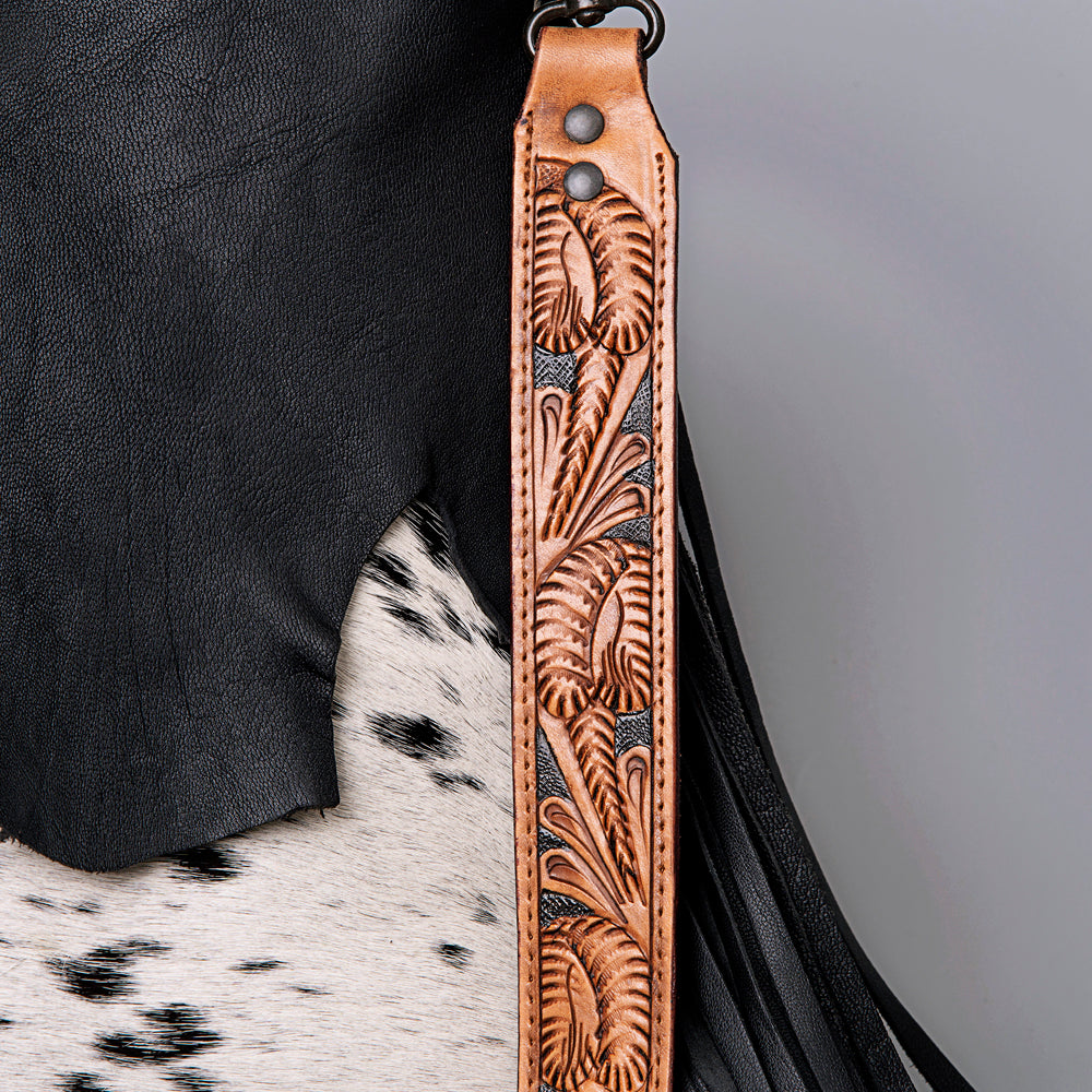 LC-ADBGZ137BKW Black & White Cowhide Messenger Bag with Raw Edge Flap and Tooled Strap