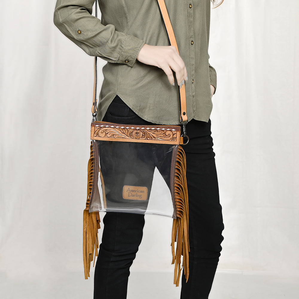 LC-ADBGZ148 Clear Fringe Stadium Clear Bag with Hand-Tooled Leather Trim - Western Game Day Bag
