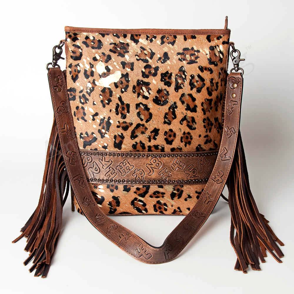 ADBG316 Printed Hair-On Cowhide & Tooled Leather Western Large Crossbody Bag Fringe Crossbody