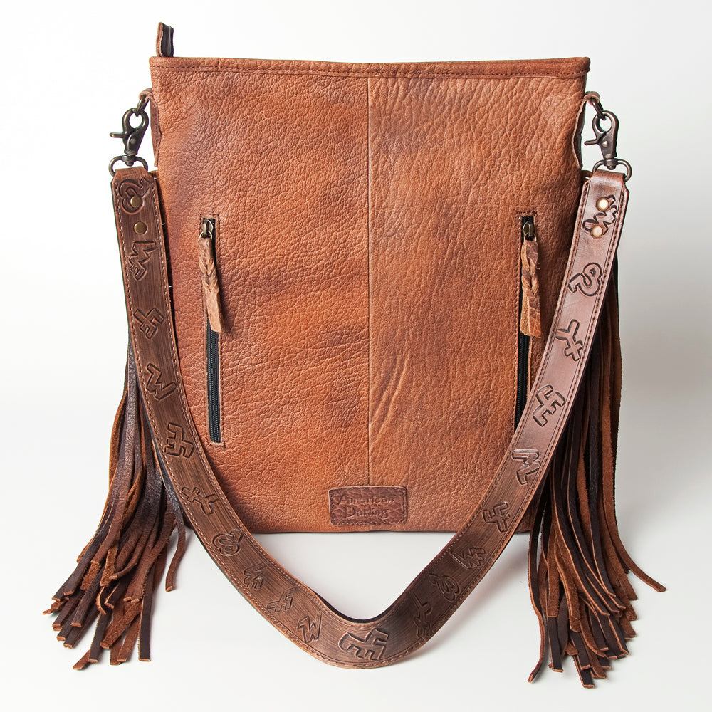 ADBG316 Printed Hair-On Cowhide & Tooled Leather Western Large Crossbody Bag Fringe Crossbody