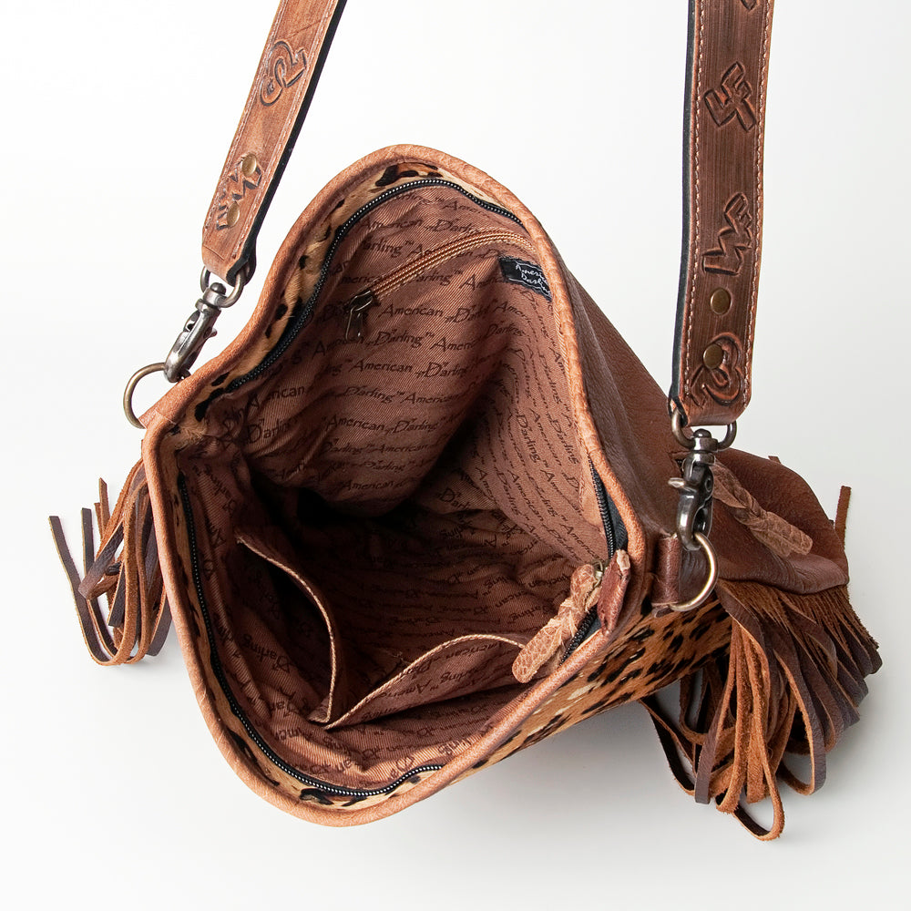 ADBG316 Printed Hair-On Cowhide & Tooled Leather Western Large Crossbody Bag Fringe Crossbody