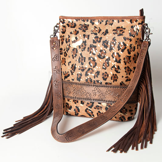 ADBG316 Printed Hair-On Cowhide & Tooled Leather Western Large Crossbody Bag Fringe Crossbody