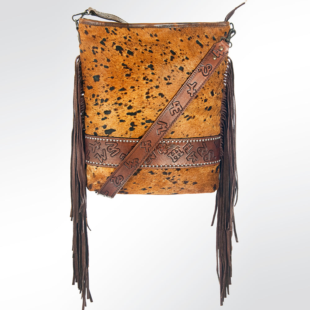 ADBG316 Hair-On Cowhide & Tooled Leather Western Large Crossbody Bag Fringe Crossbody