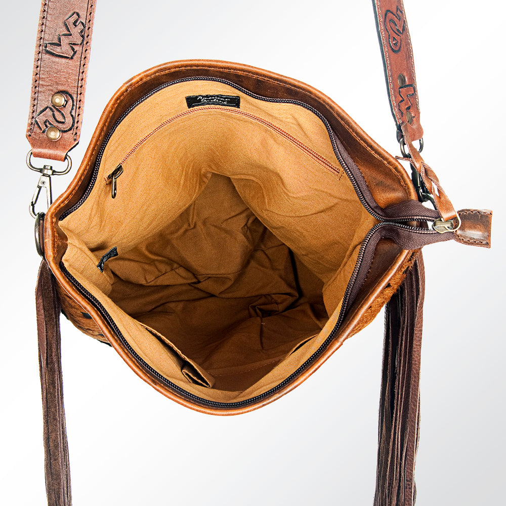 ADBG316 Hair-On Cowhide & Tooled Leather Western Large Crossbody Bag Fringe Crossbody