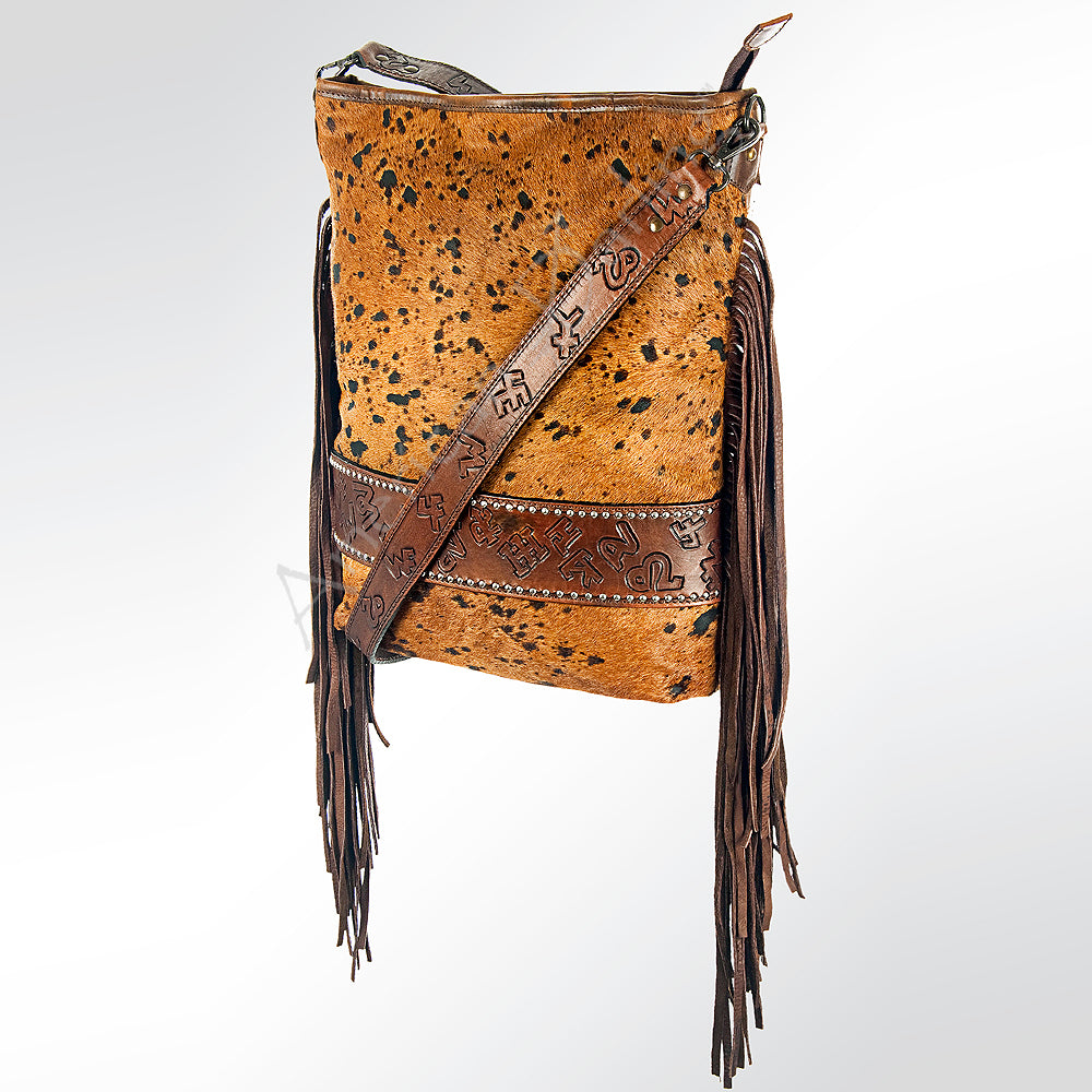 ADBG316 Hair-On Cowhide & Tooled Leather Western Large Crossbody Bag Fringe Crossbody