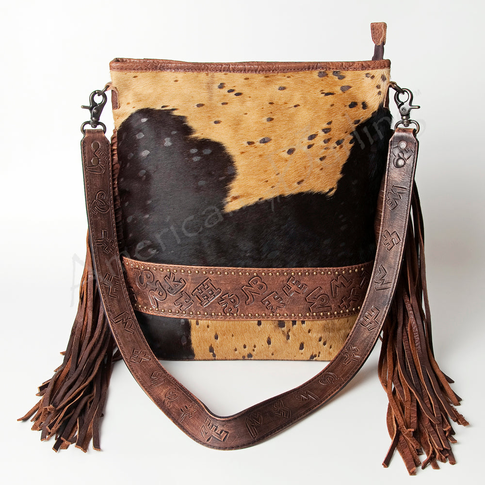 ADBG316 Hair-On Cowhide & Tooled Leather Western Large Crossbody Bag Fringe Crossbody