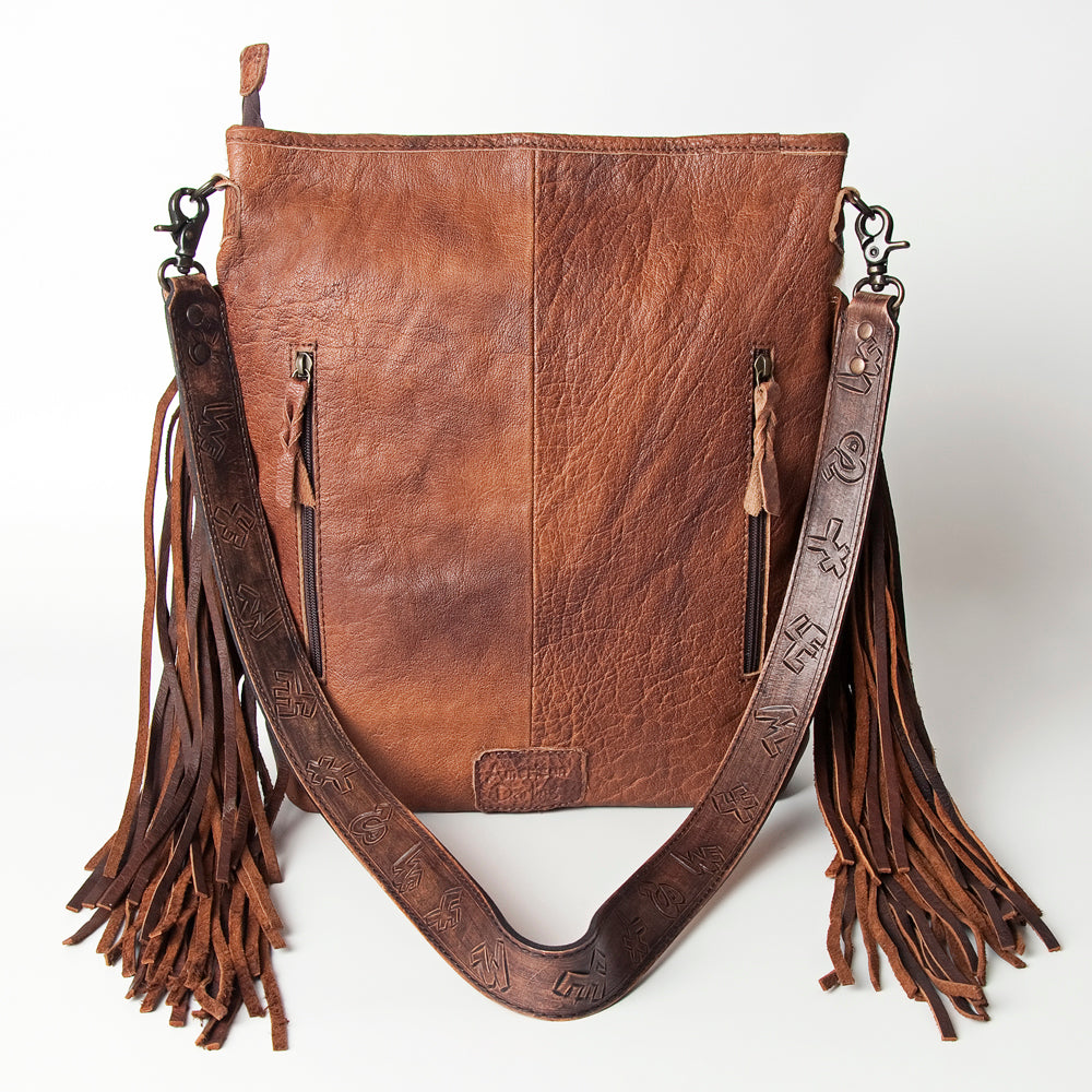 ADBG316 Hair-On Cowhide & Tooled Leather Western Large Crossbody Bag Fringe Crossbody