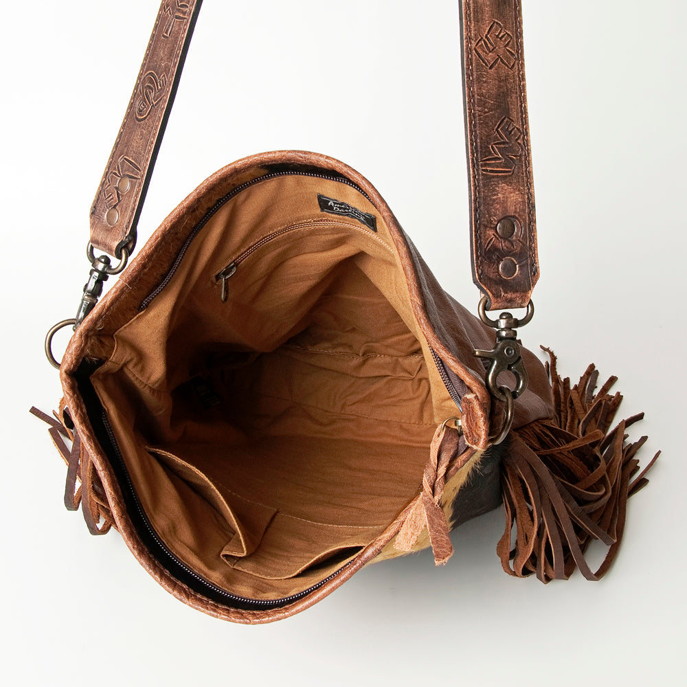 ADBG316 Hair-On Cowhide & Tooled Leather Western Large Crossbody Bag Fringe Crossbody
