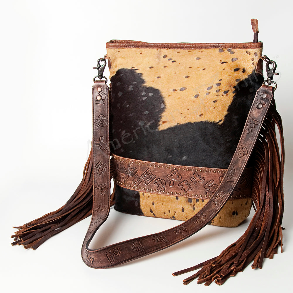 ADBG316 Hair-On Cowhide & Tooled Leather Western Large Crossbody Bag Fringe Crossbody