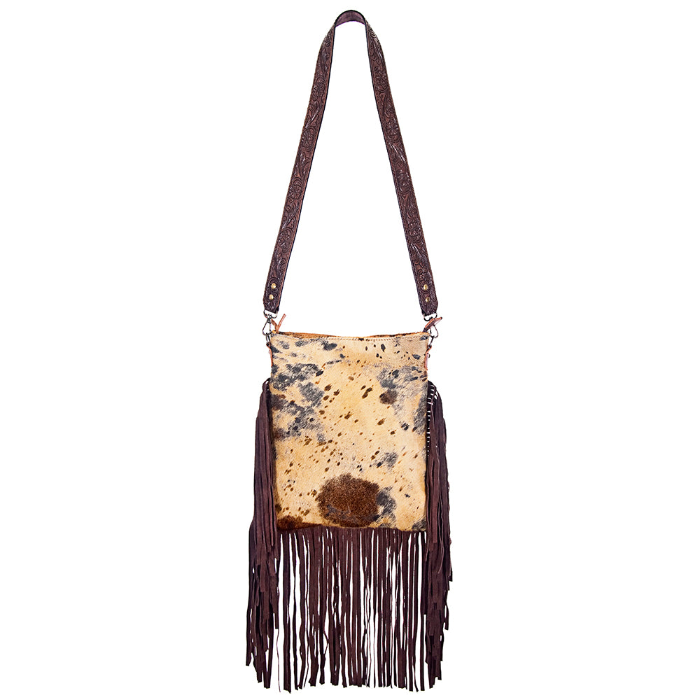 ADBGS192 Splatter Cowhide Large Crossbody Bag with Fringe & Tooled Leather Strap