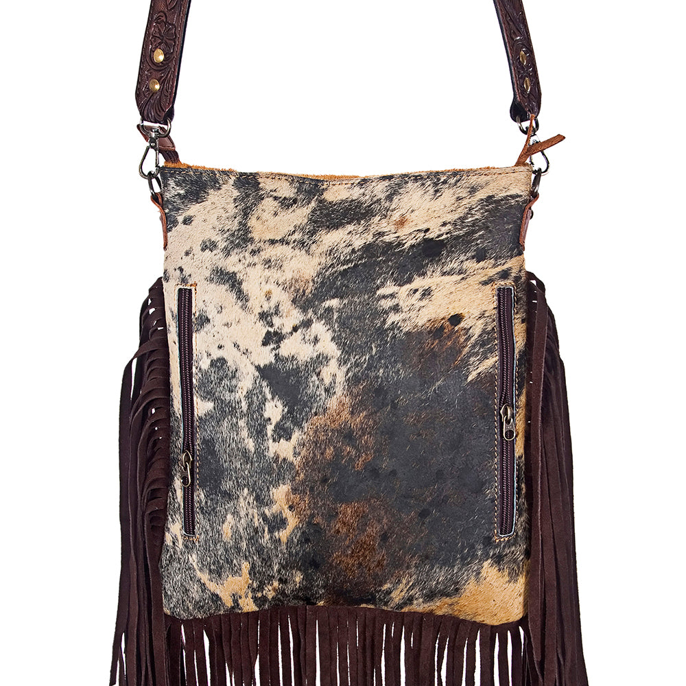 ADBGS192 Splatter Cowhide Large Crossbody Bag with Fringe & Tooled Leather Strap