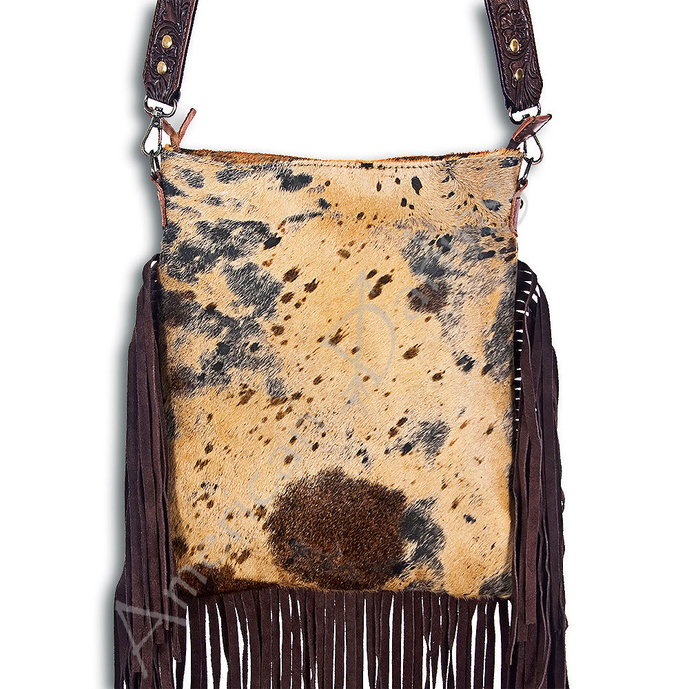 ADBGS192 Splatter Cowhide Large Crossbody Bag with Fringe & Tooled Leather Strap