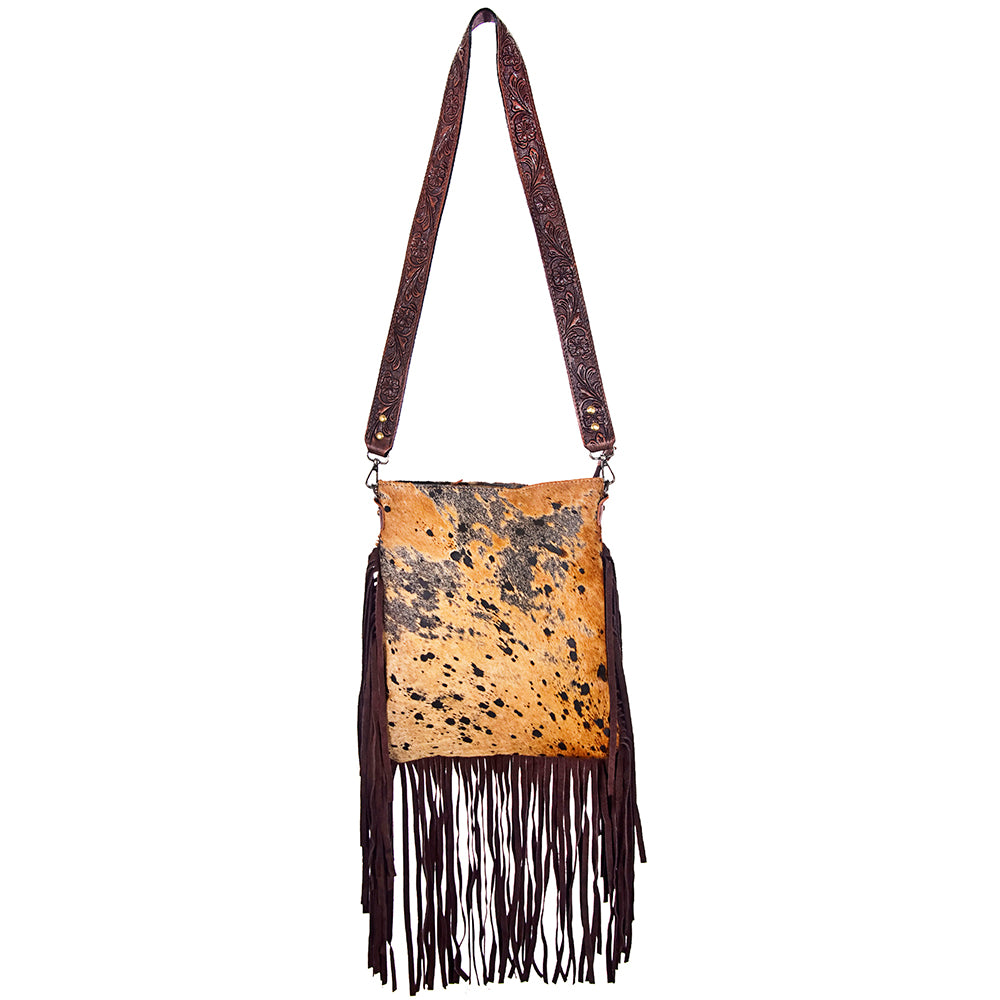 ADBGS192 Splatter Cowhide Large Crossbody Bag with Fringe & Tooled Leather Strap