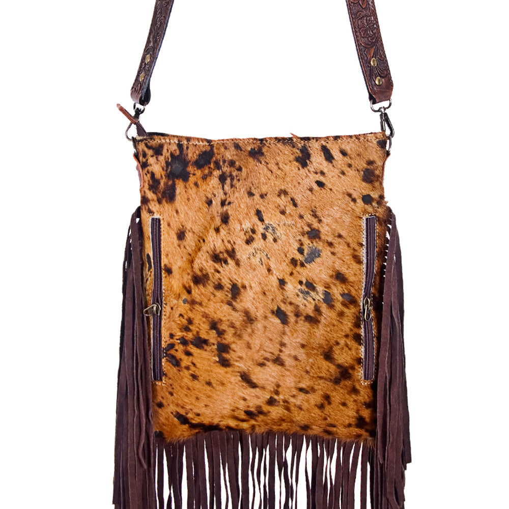 ADBGS192 Splatter Cowhide Large Crossbody Bag with Fringe & Tooled Leather Strap