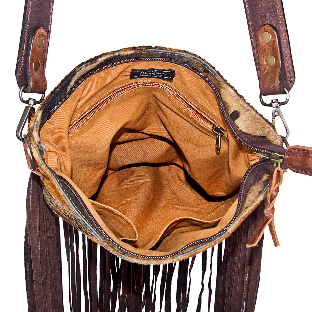 ADBGS192 Splatter Cowhide Large Crossbody Bag with Fringe & Tooled Leather Strap