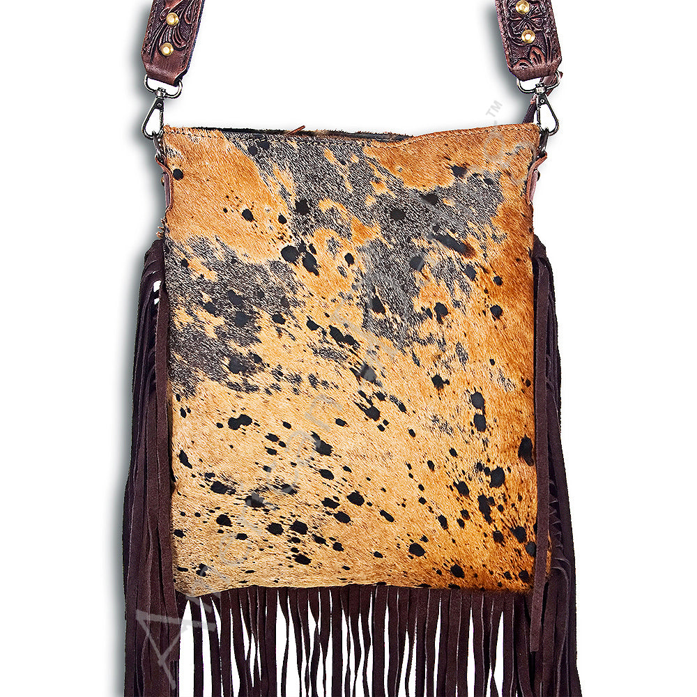 ADBGS192 Splatter Cowhide Large Crossbody Bag with Fringe & Tooled Leather Strap