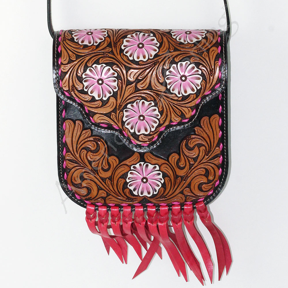 ADBG5027 American Darling Messenger Bag - Hand Tooled Floral Leather & Buck Stitched Fringes